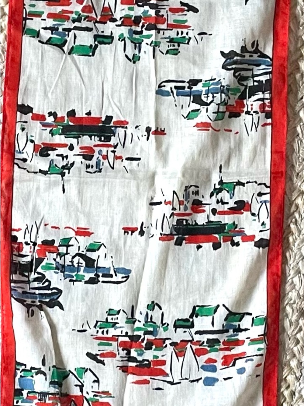 Vintage Harbor Print Lightweight Scarf Red Trim Coastal Chic - Picture 4 of 4